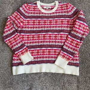 LOFT Pink Multi Fair Isle Crewneck Sweater with Cream Trim